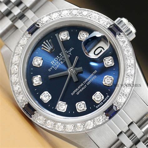 rolex stainless mid size date-just blue dial with diamonds|rolex sapphire crystal.